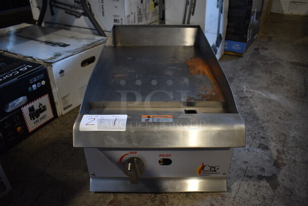 BRAND NEW! CPG G15 Stainless Steel Commercial Countertop Natural Gas Powered Flat Top Griddle. 30,000 BTU. 15x29.5x12.5