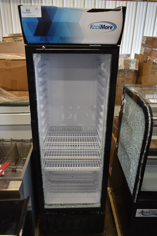 BRAND NEW SCRATCH AND DENT! KoolMore MDR-9CP Metal Commercial Single Door Reach In Cooler Merchandiser w/ Poly Coated Racks. See Pictures For Broken Door Glass. 115 Volts, 1 Phase. Tested and Powers On But Does Not Get Cold
