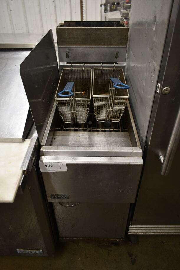 2015 Pitco Frialator 45C Stainless Steel Commercial Floor Style Natural Gas Powered Deep Fat Fryer w/ 2 Metal Fry Baskets and Left Side Splash Guard on Commercial Casters.  122,000 BTU. - Image 1 of 7