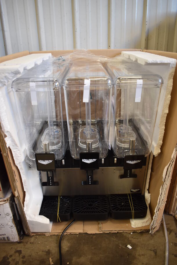 BRAND NEW IN BOX! Vollrath VBBE3-37-F Triple Hopper 5.28 Gallon Bowl Refrigerated Beverage Dispenser. 115 Volts, 1 Phase. 23x20x27. Tested and Working!