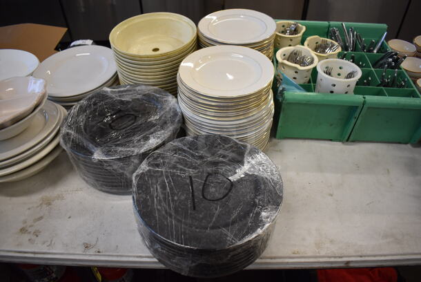 ALL ONE MONEY! Lot of Items on Tabletop Including Ceramic Plates, Ceramic Bowls, Silverware and Glasses - Image 3 of 7