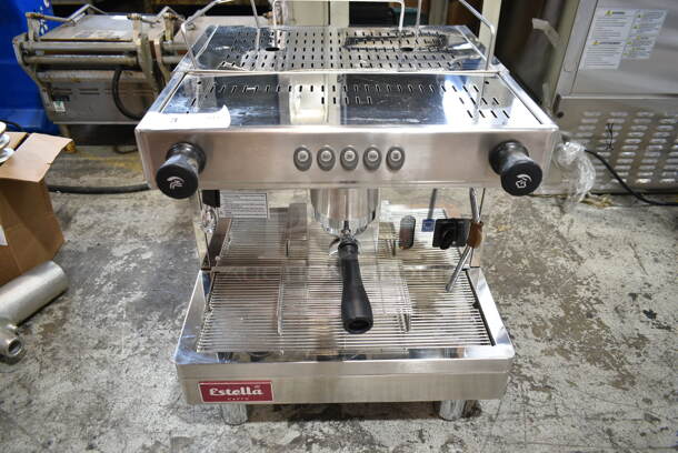 BRAND NEW SCRATCH AND DENT! Estella 236ECEM1 Stainless Steel Commercial Countertop Single Group Automatic Espresso Machine w/ Portafilter and Steam Wand. 110-120 Volts, 1 Phase.  - Image 2 of 8