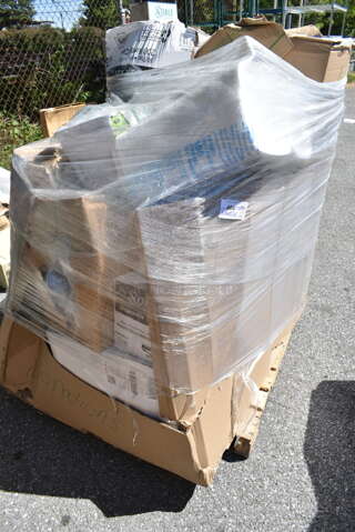 PALLET LOT of 12 BRAND NEW Boxes Including 394345XL Noble NexGen Powder-Free Disposable Black Hybrid 3 Mil Thick Gloves - 1000/Case, 795PTOBK3 Choice 7 3/4" x 5 1/2" x 2 1/2" Black Microwavable Folded Paper #3 Take-Out Container - 200/Case, Dart 90HTPF1R White Foam Square Take Out Container with Hinged Lid 9" x 9" x 3" - 200/Case. 12 Times Your Bid! 