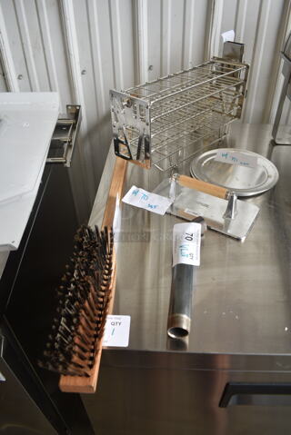 BRAND NEW SCRATCH AND DENT! Lot of Various Items Including Vollrath 47709 Steak Weight, Frymaster 8130188 Npl,Drn 1-1/4 X 9.67 60 Deg, CX17M2 Grill Brush, Round Metal Pizza Pan, Metal Fry Basket. 