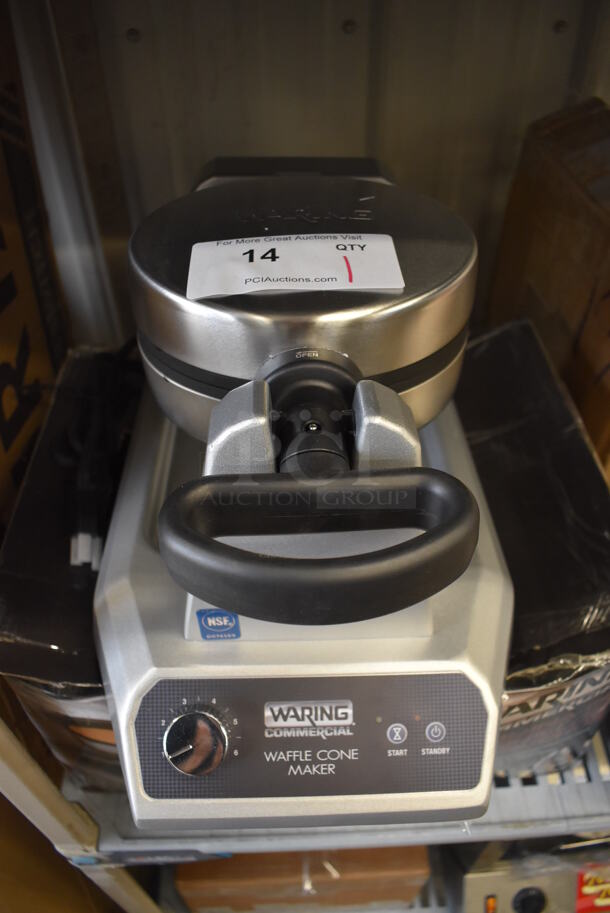 BRAND NEW IN BOX! Waring WWCM180 Stainless Steel Countertop Single Waffle Cone Maker. 120 Volts, 1 Phase. 10x17x9. Tested and Working!