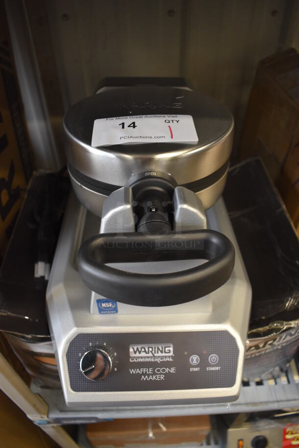 BRAND NEW IN BOX! Waring WWCM180 Stainless Steel Countertop Single Waffle Cone Maker. 120 Volts, 1 Phase. 10x17x9. Tested and Working! - Image 1 of 7