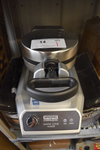 BRAND NEW IN BOX! Waring WWCM180 Stainless Steel Countertop Single Waffle Cone Maker. 120 Volts, 1 Phase. 10x17x9. Tested and Working!