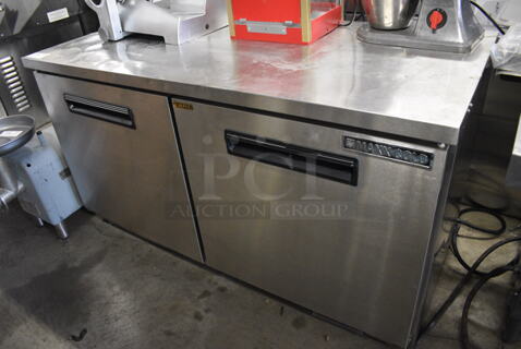 Maxx Cold MXCF60U Stainless Steel Commercial 2 Door Undercounter Cooler on Commercial Casters. Missing 1 Caster. 115 Volts, 1 Phase. 61x30x35. Tested and Working!