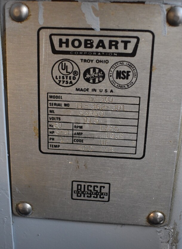 Hobart D 300 Metal Commercial Countertop 30 Quart Planetary Dough Mixer w/ Stainless Steel Mixing Bowl and Pelican Head. 115 Volts, 1 Phase. 21x38x47. Tested and Working! - Image 8 of 8