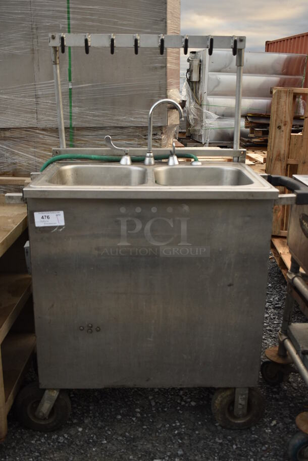 Stainless Steel Commercial Portable 2 Bay Sink w/ Faucet and Handles on Commercial Casters. 45x25x62