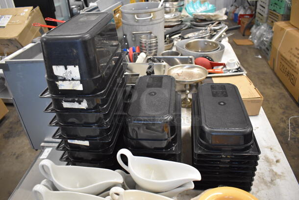 ALL ONE MONEY! Lot of Items on Tabletop Including Glass Salad Plates, Ceramic Gravy Boats, Poly Drop In Bins and Metal Sauce Pans. - Image 5 of 8