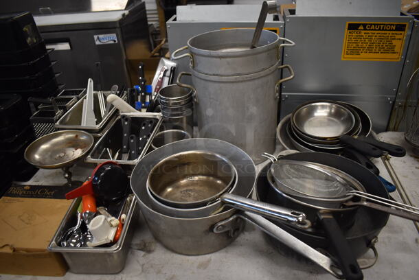 ALL ONE MONEY! Lot of Items on Tabletop Including Glass Salad Plates, Ceramic Gravy Boats, Poly Drop In Bins and Metal Sauce Pans. - Image 7 of 8