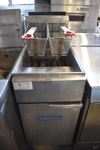 Imperial Stainless Steel Commercial Floor Style Natural Gas Powered Deep Fat Fryer w/ 2 Metal Baskets on Commercial Casters. 15.5x31x46