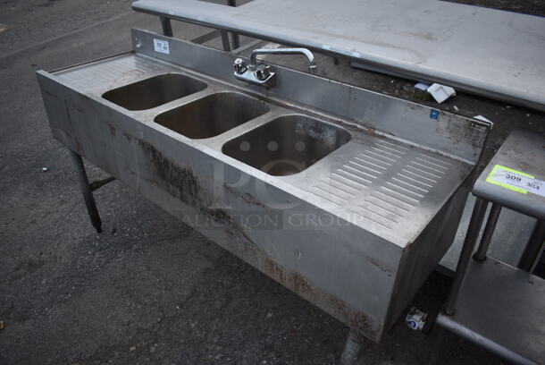 Stainless Steel 3 Bay Back Bar Sink w/ Dual Drain Boards, Faucet and Handles. 60x18x32. Bays 10x14x9. Drain Boards 11x16x1 - Image 5 of 5