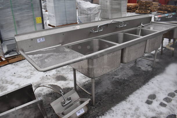 Stainless Steel Commercial 3 Bay Sink w/ Dual Drain Boards, 2 Faucets and 2 Handle Sets. 126x31x43. Bays 24x24x12. Drain Boards 21x27x1