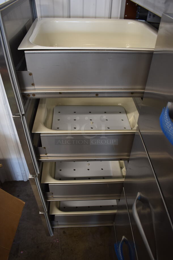 BRAND NEW! 2022 Traulsen RFS226N Commercial Stainless Steel Electric Two-Sectioned Drawered Fish/Poultry File Cooler With Plastic Pans And Perforated Inserts On Commercial Casters. 115V, 1 Phase. Tested And Working!  - Image 7 of 10