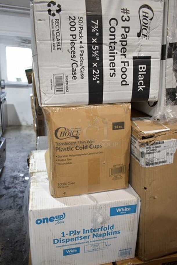 PALLET LOT of 25 BRAND NEW Boxes Including 2 Box 500TO883 Choice 8" x 8" x 3" Microwaveable 1-Compartment Black / Clear Plastic Hinged Container - 100/Case, 2 Box 795PTOBK3 Choice 7 3/4" x 5 1/2" x 2 1/2" Black Microwavable Folded Paper #3 Take-Out Container - 200/Case, 500TW14 Choice 14 oz. Translucent Thin Wall Plastic Cold Cup - 1000/Case, 966UPWIDEB1 OneUp by Choice White 1-Ply Wide Interfold 6 1/2" x 8 1/2" Dispenser Napkin - 6000/Case, 3941085XL Lavex Powder-Free Disposable Nitrile Black 5 Mil Thick Textured Gloves - Extra Large - 1000/Case, 4385M Noble Products White Powder-Free Disposable Latex Gloves for Foodservice - Medium - 1000/Case, Cambro UPCS400131 Ultra Pan Carrier® S-Series Dark Brown Front Loading Insulated Food Pan Carrier with Menu Clip / Pocket - Holds 6 Pans, 999RP10BKSS Visions Wave 10" Black Plastic Plate - 18/Pack, 2 Box 600BDR42 Regency 42" Stainless Steel Underbar Mount Beer Drip Tray. 25 Times Your Bid! - Image 3 of 12