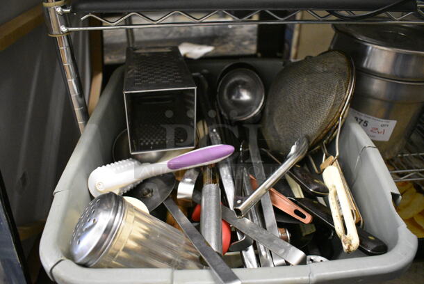 ALL ONE MONEY! Lot of Various Utensils Including Strainers, Ladles and Grater in Gray Bus Bin! 