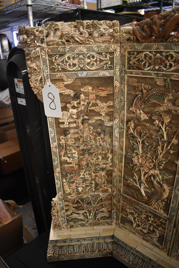 EXTREMELY RARE! ANTIQUE! Authentic 100+ Year Old Hand Carved Solid Ivory Decorative Screen w/ Dragon Motif. - Image 2 of 11