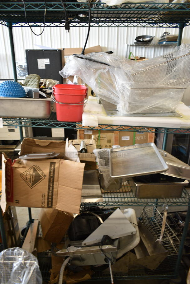 ALL ONE MONEY! Metro Lot of Various Items Including Fry Baskets, Stainless Steel Drop In Bin, Chafer Lid, Sink Strainers, Receipt Printer, Metal. Does Not Include Shelving Unit.  - Image 2 of 12