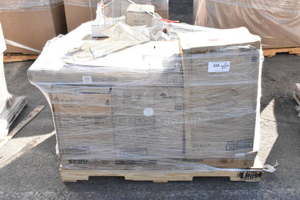 17 BRAND NEW Boxes Including HP3004992230 Vulcan 00-499223-00004 Basket, Twin Gr85, HP5928800936 Hobart 00-936547-00003 Probe And Switch Assy, HP7004108410 Vulcan 00-410841-00023 Valve,Combination,(Lp), HP3686701404 Berkel 01-404675-01158 Sharpening Assy, HP5474801100 Baxter 01-100V16-00546 Label, ServIt 423ST2ASG Angled Sneeze Guard for 2-Pan Steam Tables, YCNC167HDD/W Pactiv MealMaster 16 5/8" x 7 5/16" x 3" Full Slab White Rib Container with Dome Lid - 70/Case, OCNC-1070-DZYW, Solo TLP316-0007 Traveler White Dome Hot Cup Lid with Sip Hole - 1000/Case, 427BASEBLTDN Lancaster Table & Seating Black Steel Bolt-Down Umbrella Base. 17 Times Your Bid!  - Image 1 of 12
