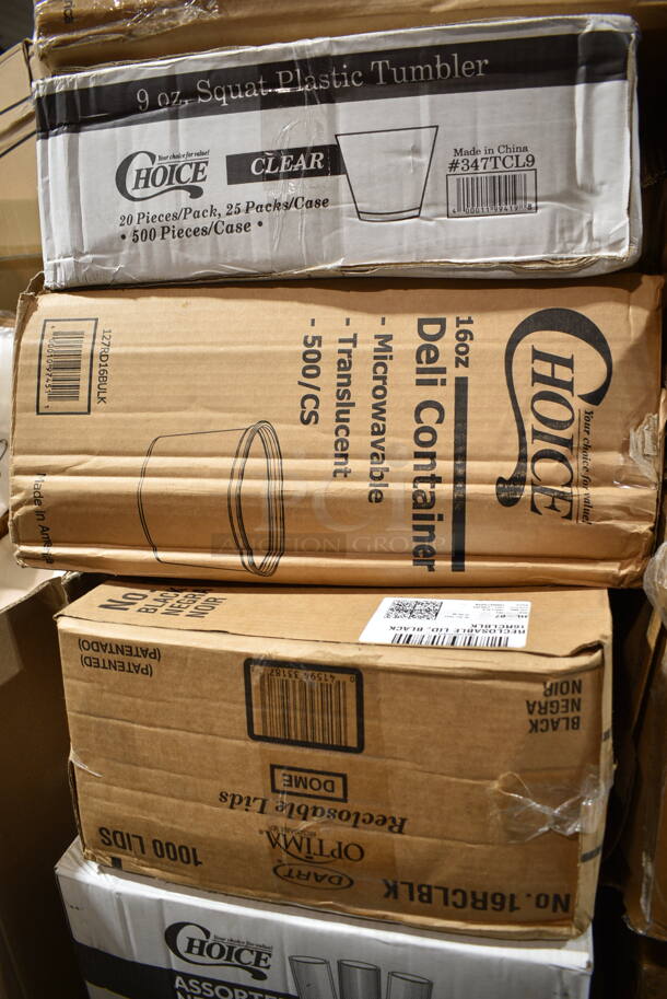 PALLET LOT of 20 BRAND NEW Boxes Including Moist Towelette, 2 Box 966TALLFLDN Choice Kraft Natural Tall-Fold 6" x 13" Dispenser Napkin - 8000/Case, 347RPBD10WHS Visions 10" White Plastic Plate with Silver Bands - 120/Case, 500TW7 Choice 7 oz. Translucent Thin Wall Plastic Cold Cup - 2500/Case, 2 Box 127RD16BULK Choice 16 oz. Customizable Microwavable Translucent Round Deli Container - 500/Case, 50012DWPLAKR EcoChoice 12 oz. Smooth Double Wall Kraft Compostable Paper Hot Cup - 500/Case, 2 Box 966UPWIDEB OneUp by Choice White 1-Ply Wide Interfold 6 1/2" x 8 1/2" Dispenser Napkin - 6000/Case, Choice 5 5/8" Crystal Clear Plastic Test Tube Shot / Shooter - 1000/Case, Dart 85HT3R 8" x 8" x 3" White Foam Three-Compartment Square Take Out Container with Perforated Hinged Lid - 200/Case, 347TCL9 Choice 9 oz. Clear Disposable Plastic Tumbler - 500/Case, 16RCLBLK Dart Optima Black Travel Lid. 20 Times Your Bid!  - Image 12 of 12