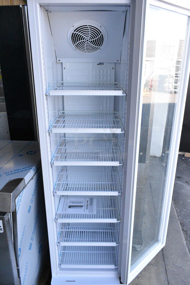 BRAND NEW SCRATCH AND DENT! Galaxy 177GDN5RBW Metal Commercial Single Door Reach In Cooler Merchandiser w/ Poly Coated Racks and Red, White, and Blue LED Lighting. 110-120 Volts, 1 Phase. Tested and Working! - Image 4 of 5
