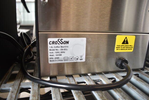 BRAND NEW SCRATCH AND DENT! 2023 Crosson CB-GD2 Stainless Steel Countertop Coffee Machine w/ Coffee Pot and Metal Brew Basket. 120 Volts 1 Phase.  - Image 8 of 8