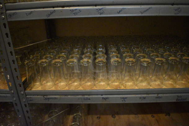 Gray Metal 5 Tier Shelving Unit w/ Contents Including Beverage Glasses and Wine Glasses. 48x24x72. BUYER MUST REMOVE; BUYER MUST DISMANTLE. PCI CANNOT DISMANTLE FOR SHIPPING. PLEASE CONSIDER FREIGHT CHARGES. (glass room - off of bar area) - Image 7 of 10