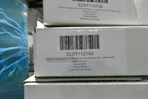 3 BRAND NEW SCRATCH AND DENT! Boxes Including 322IT110758 DayMark Speedy Mark 3 DM3 Metal 1-Line Date Coder / Labeler with Band Layout A, 322IT110760 DayMark Speedy Mark 3 DM3 Metal 1-Line Date Coder / Labeler with Band Layout B, 322IT110789 DayMark Speedy Mark 5 DM5 Metal 3-Line Date Coder / Labeler with Band Layout B. 3 Times Your Bid!  - Image 4 of 5