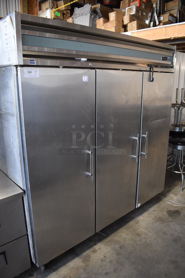 Delfield Stainless Steel Commercial 3 Door Reach In Cooler w/ Poly Coated Racks on Commercial Casters. 77x34x80. Tested and Working!
