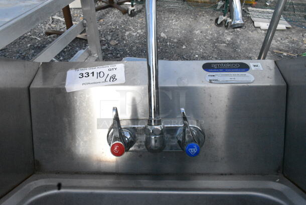 Stainless Steel Single Bay Wall Mount Sink w/ Faucet, Handles and Side Splash Guards.  - Image 3 of 4