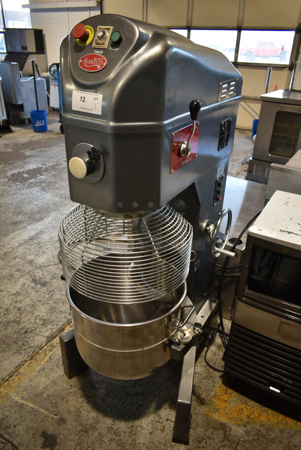 Avantco 177MX60H Metal Commercial Floor Style 60 Quart Planetary Dough Mixer w/ Stainless Steel Mixing Bowl, Bowl Guard and Dough Hook Attachment. 240 Volts, 3 Phase.  - Image 1 of 10