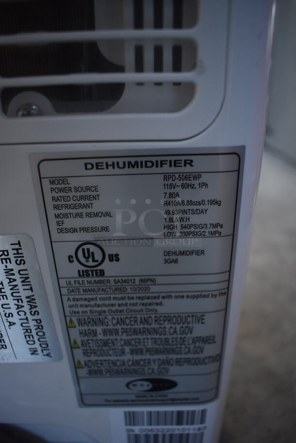 BRAND NEW SCRATCH AND DENT! Whynter RPD-506EWP Portable Electric Powered White Dehumidifier 115V/1 Phase. Tested and Working!  - Image 6 of 7