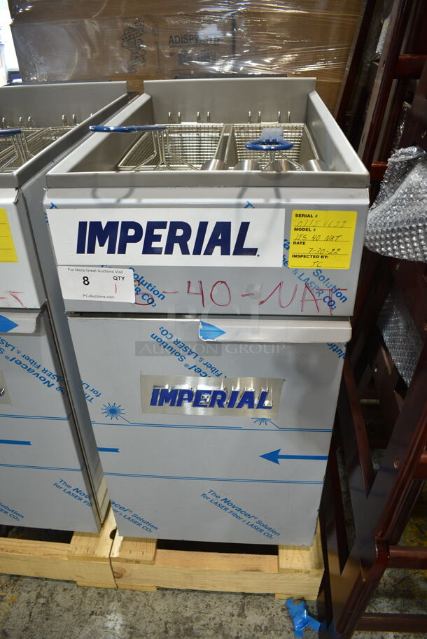 BRAND NEW SCRATCH AND DENT! Imperial IFS-40 Stainless Steel Commercial Floor Style Natural Gas Powered Deep Fat Fryer w/ 2 Metal Fry Baskets. Does Not Have Back Panel. 105,000 BTU.  - Image 1 of 7