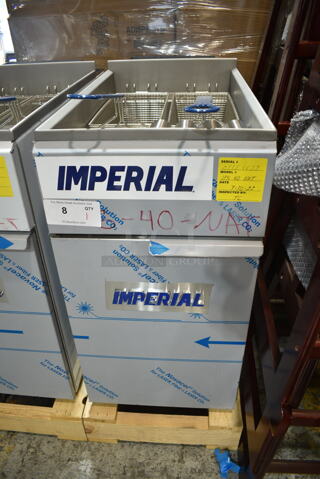 BRAND NEW SCRATCH AND DENT! Imperial IFS-40 Stainless Steel Commercial Floor Style Natural Gas Powered Deep Fat Fryer w/ 2 Metal Fry Baskets. Does Not Have Back Panel. 105,000 BTU. 