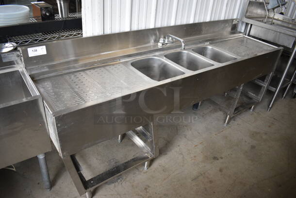 Krowne Stainless Steel Commercial 3 Bay Back Bar Sink w/ Dual Drainboards, Faucet and Handles. 84x22x35. Bays 10x14x9. Drainboards 22x16x1