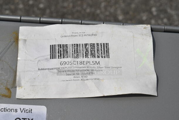 BRAND NEW SCRATCH AND DENT! Rubbermaid 690SC18EPLSM Silhouettes Metallic Silver Steel Designer Square Waste Receptacle - 20 Gallon - Image 6 of 6