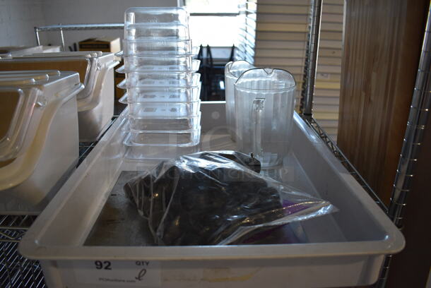 ALL ONE MONEY! Lot of Various Items Including Poly 1/6 Size Drop In Bins, Poly Pitcher and Dough Bin. 18x26x3