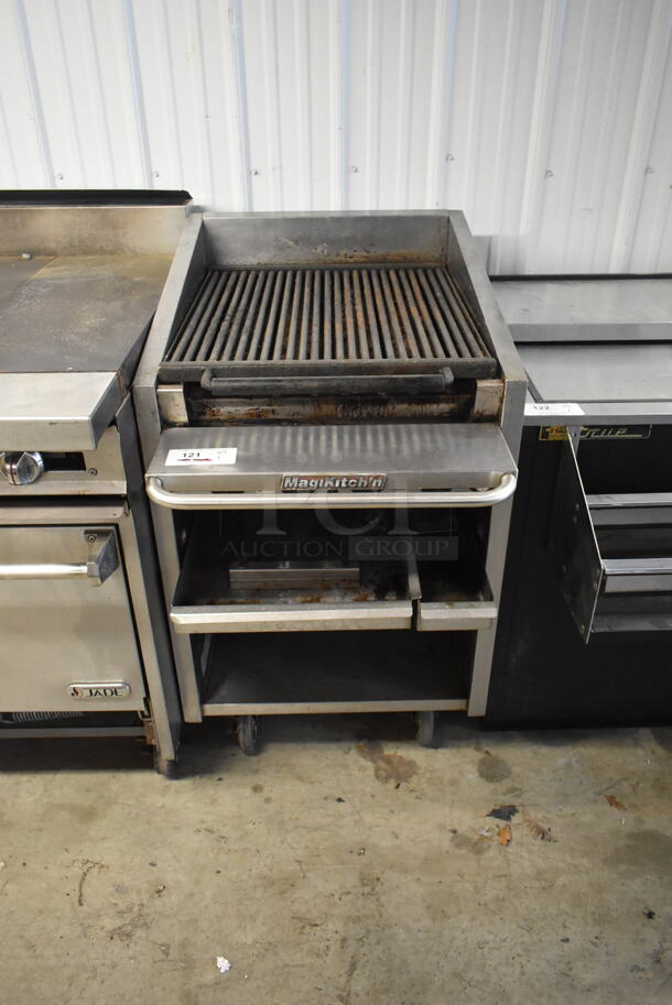 MagiKitch'n MEA 82-03-E Commercial Stainless Steel Natural Gas Powered Charbroiler  On Commercial Casters.