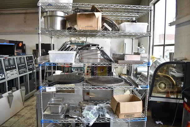 ALL ONE MONEY! Lot of 4 Tiers of Various Items Including Stainless Steel Drop In Bins, Pizza Screens, Stainless Steel Lids. Does Not Include Shelving Unit.  - Image 1 of 12