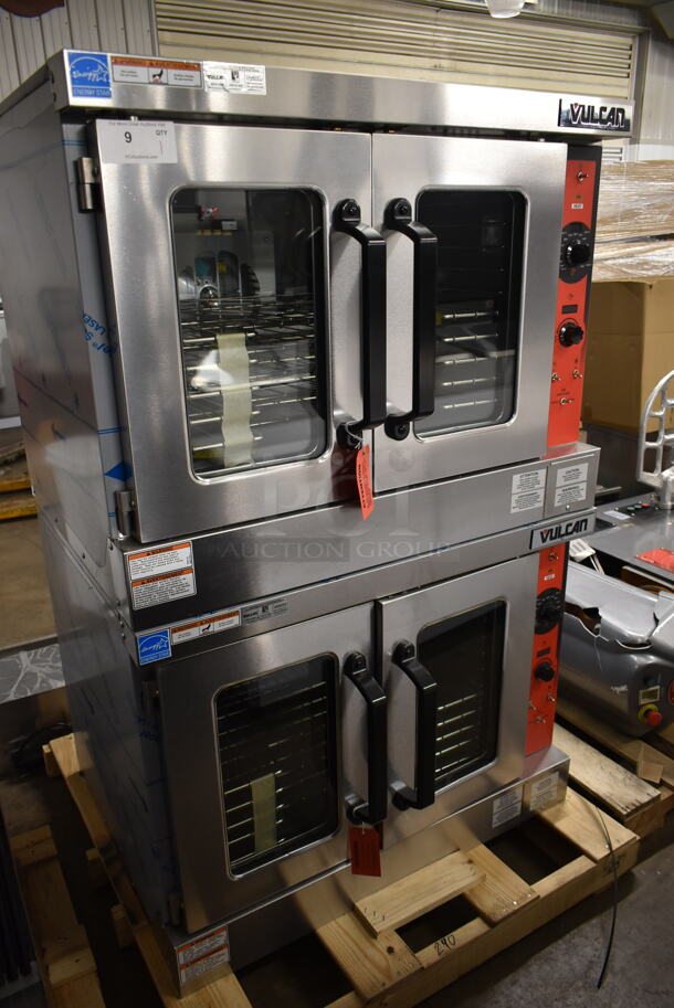 2 BRAND NEW SCRATCH AND DENT! Vulcan VC5ED Stainless Steel Commercial Electric Powered Full Size Convection Oven w/ View Through Doors, Metal Oven Racks and Thermostatic Controls. 240 Volts, 3/1 Phase. 2 Times Your Bid! Tested and Working!