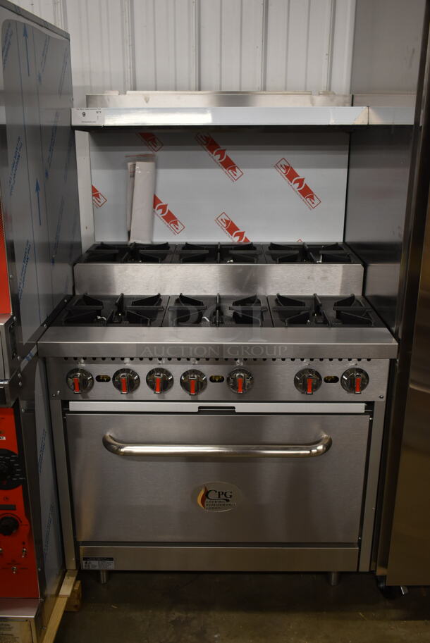 BRAND NEW SCRATCH AND DENT! Cooking Performance Group CPG 351S36SUL Stainless Steel Commercial Propane Gas Powered 2 Tier 6 Burner Range w/ Oven, Back Splash and Over Shelf. 210,000 BTU.