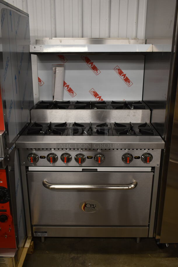 BRAND NEW SCRATCH AND DENT! Cooking Performance Group CPG 351S36SUL Stainless Steel Commercial Propane Gas Powered 2 Tier 6 Burner Range w/ Oven, Back Splash and Over Shelf. 210,000 BTU. - Image 1 of 7
