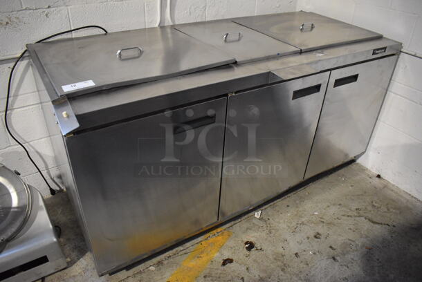 2010 Delfield 4472N-30M-AS Stainless Steel Commercial Prep Table w/ 3 Lids on Commercial Casters. 115 Volts, 1 Phase. 72x35.5x36. Tested and Working!