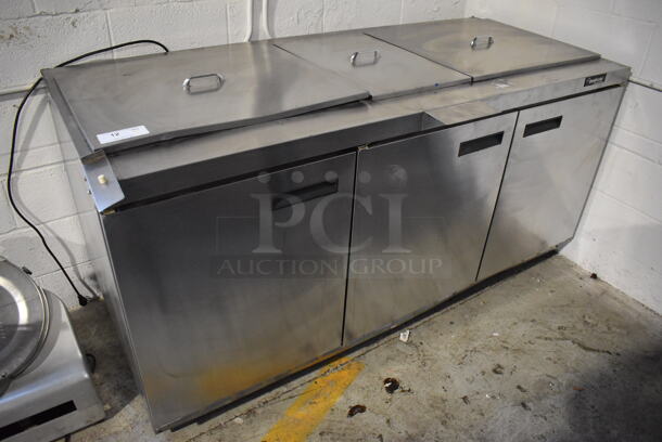 2010 Delfield 4472N-30M-AS Stainless Steel Commercial Prep Table w/ 3 Lids on Commercial Casters. 115 Volts, 1 Phase. 72x35.5x36. Tested and Working! - Image 1 of 9