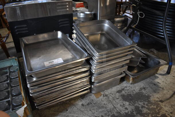 ALL ONE MONEY! Lot of 35 Various Metal Items; 18 Full Size Drop In Bins, 14 Half Size Drop In Bins, 1 Chafing Dish Full Size Drop In Bin and 2 Half Size Lids. Includes 1/1x2.5, 1/2x4