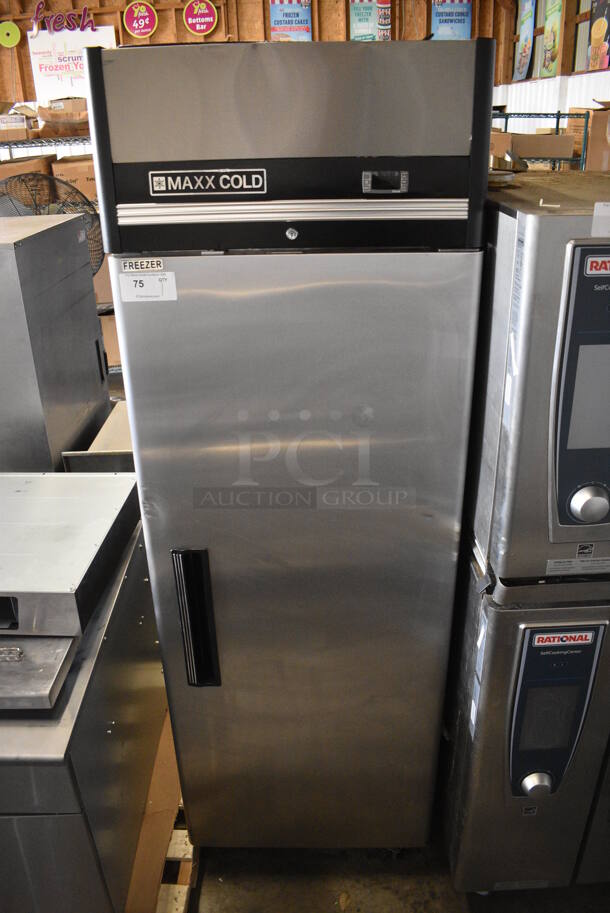 BRAND NEW SCRATCH AND DENT! 2020 Maxx Cold Model MXCF-23FDHC Stainless Steel Commercial Single Door Reach In Freezer w/ Poly Coated Racks on Commercial Casters. 115 Volts, 1 Phase. 27x30x83. Tested and Powers On But Temps at 42 Degrees