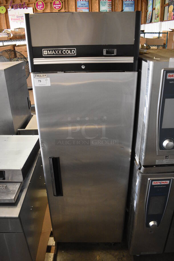 BRAND NEW SCRATCH AND DENT! 2020 Maxx Cold Model MXCF-23FDHC Stainless Steel Commercial Single Door Reach In Freezer w/ Poly Coated Racks on Commercial Casters. 115 Volts, 1 Phase. 27x30x83. Tested and Powers On But Temps at 42 Degrees - Image 1 of 5