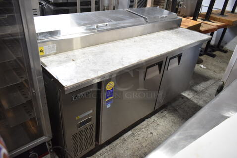 Everest EPPR2 Stainless Steel Commercial Pizza Prep Table w/ Oversized Stone Cutting Board on Commercial Casters. 115 Volts, 1 Phase. Tested and Working!